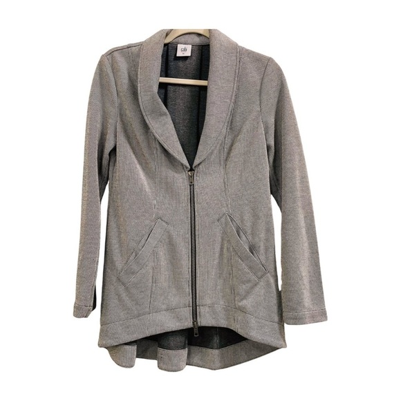 Cabi Grey White Stripe Back Zipper High Low Blazer Jacket Size XS - Picture 1 of 9